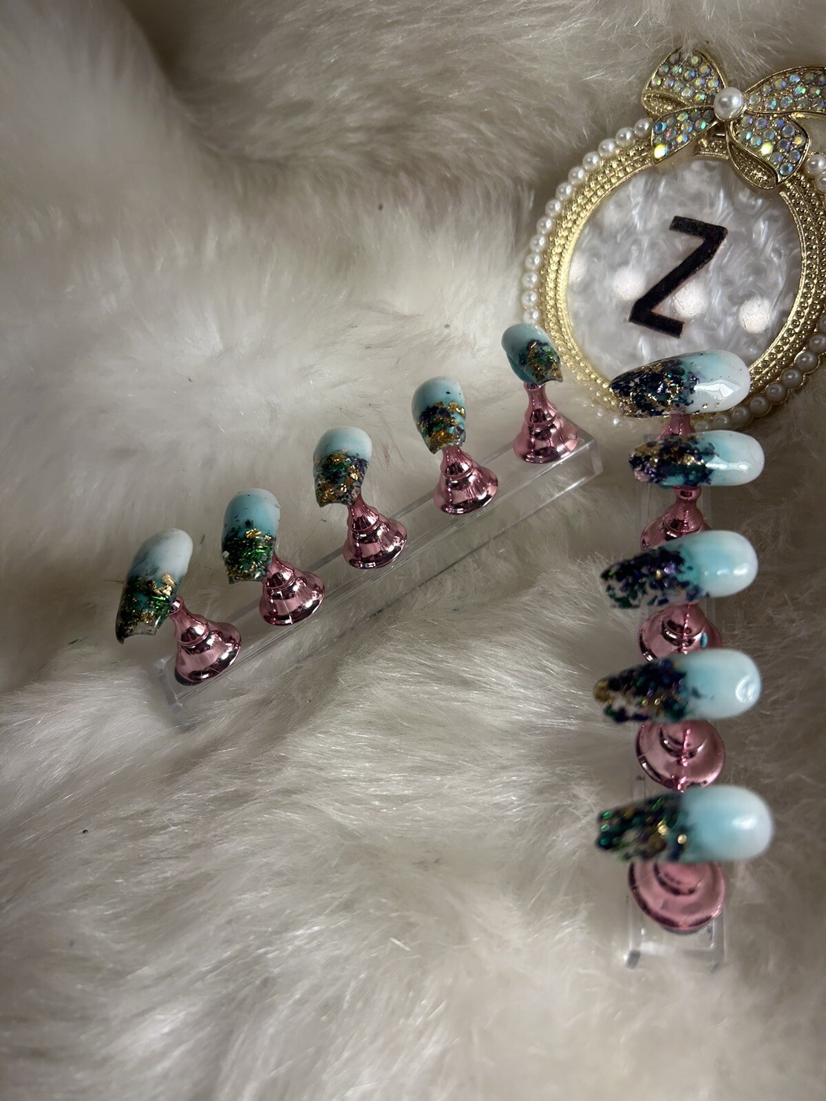 Z NAILZ! Handmade M Coffin Milky White W/ Mardi Gras Metallic Flakes Press Ons