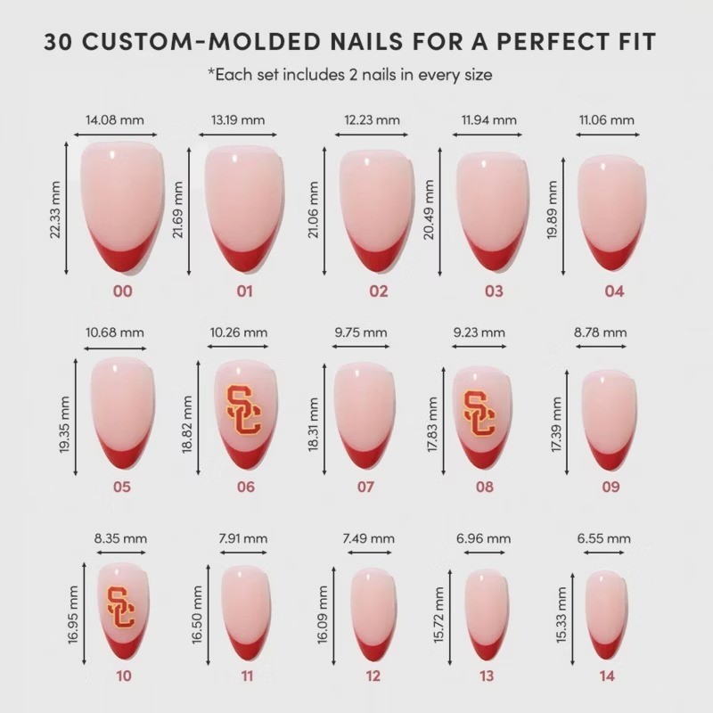 USC Trojans Press-On Nails: Almond Shape, Gloss Finish, 30 Pieces