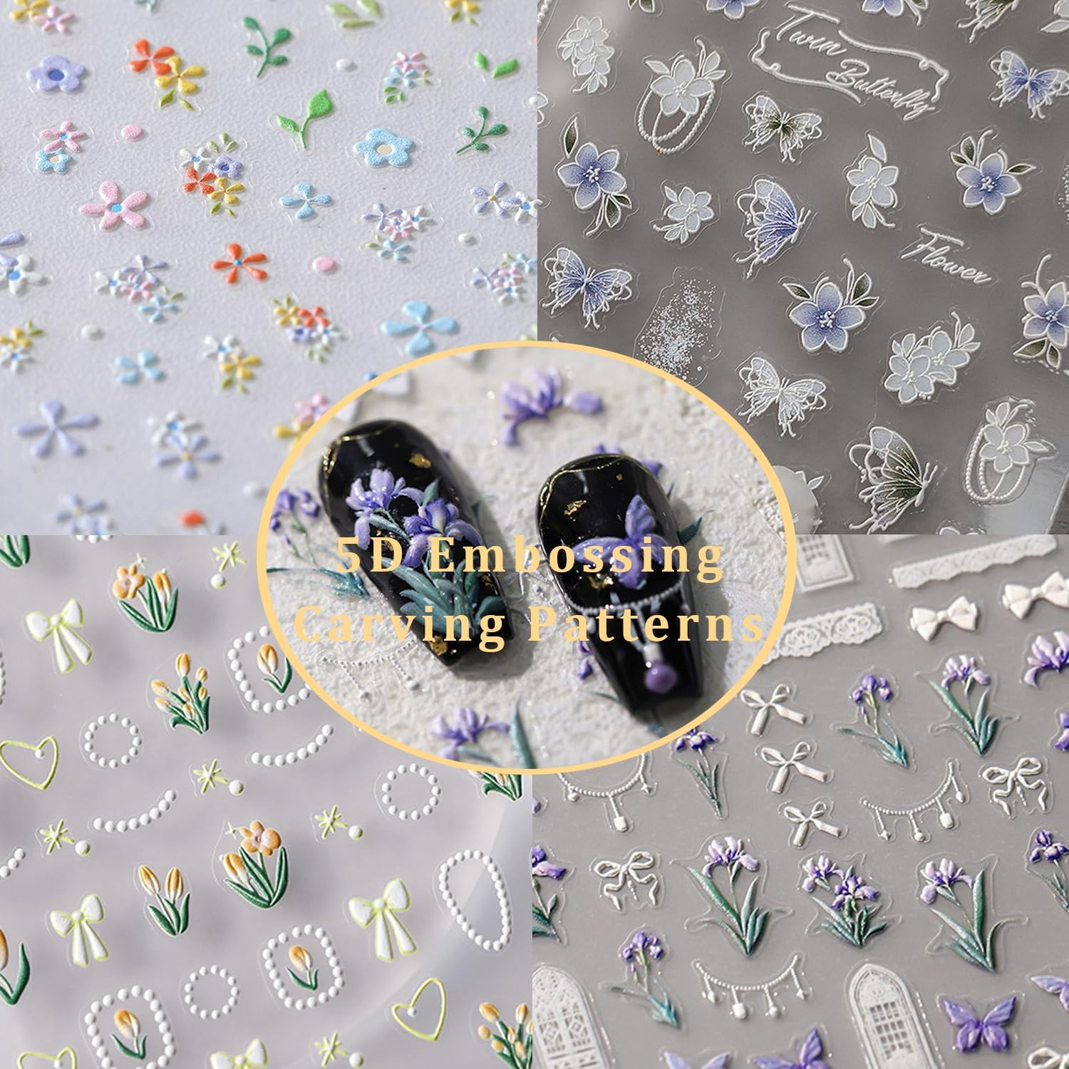 5D Embossed Flower Nail Stickers for Nail Art Summer Floral Leaf Nail Art Sticke