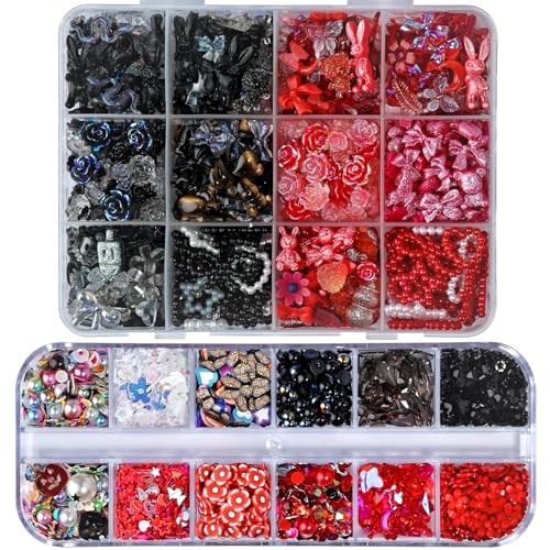 1400 Pieces 3D Butterfly Rose Flower Bow Rabbit Bear Nail Charms Kit Black Red