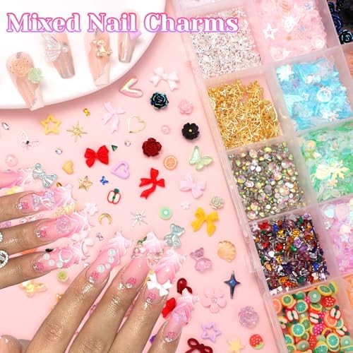 3D Mixed Nail Charms Kit, Colorful Rose Tiny Flowers Bows Nail Art Set-1