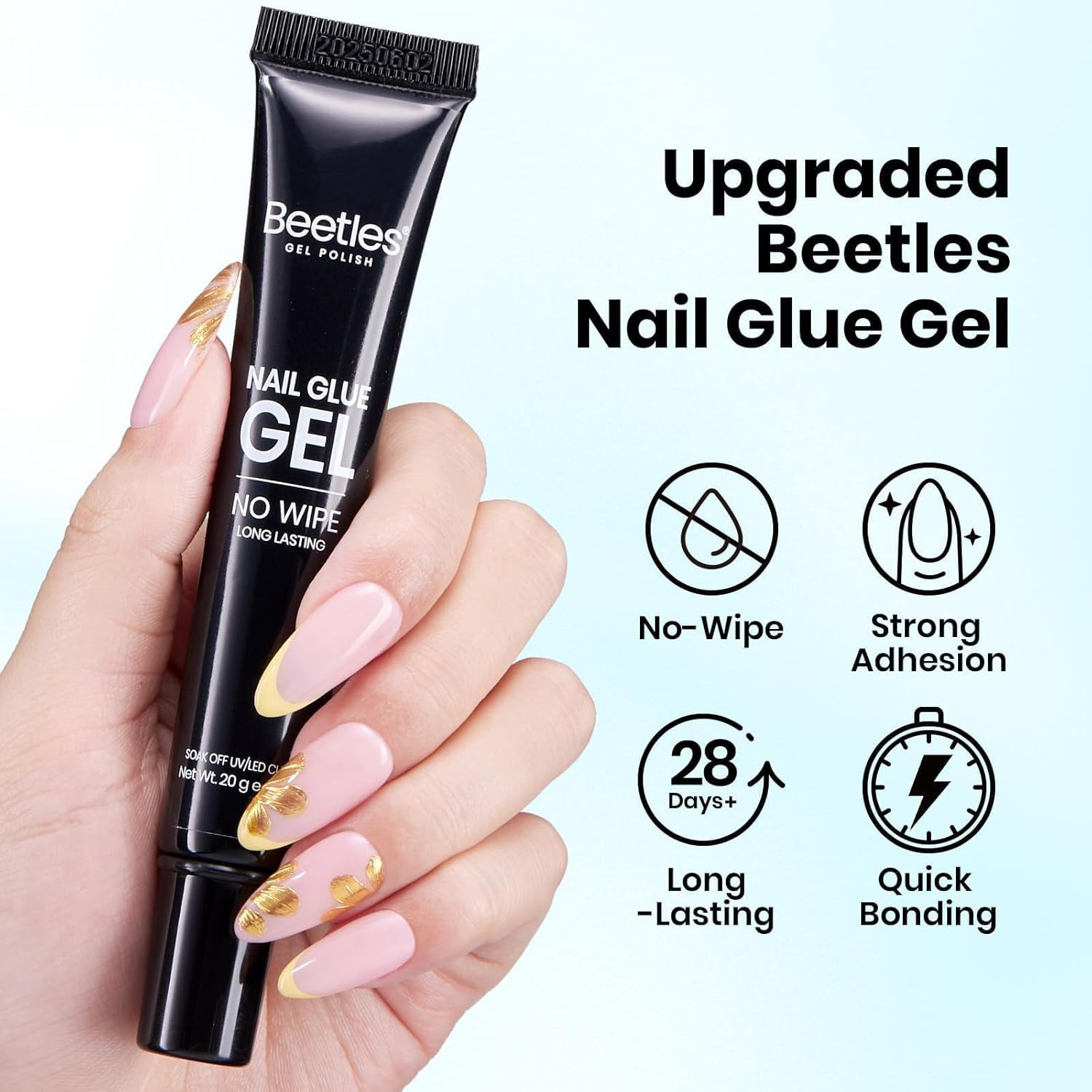 Beetles Solid Nail Glue Gel 2Pcs 20G for Nail Tips, No Wipe Hands-Free Nail Tip