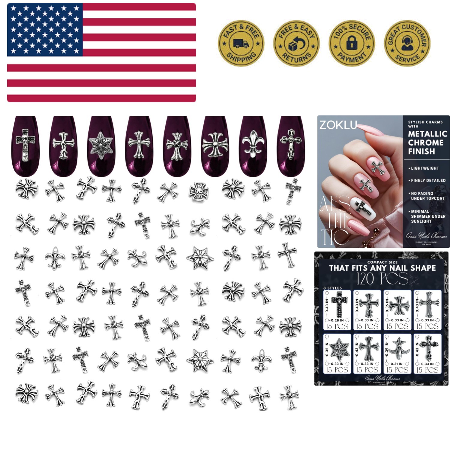 120 Pcs Cross Nail Charms and Gems – 3D Acrylic Silver Cross Charms for Nails…