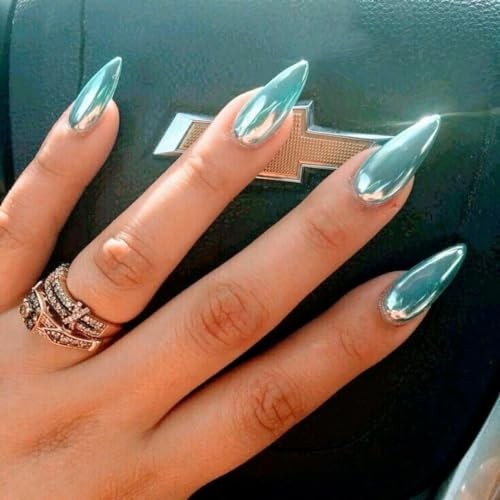 Teal Blue Chrome Press on Nails Medium Almond, Mirror Metal almond teal