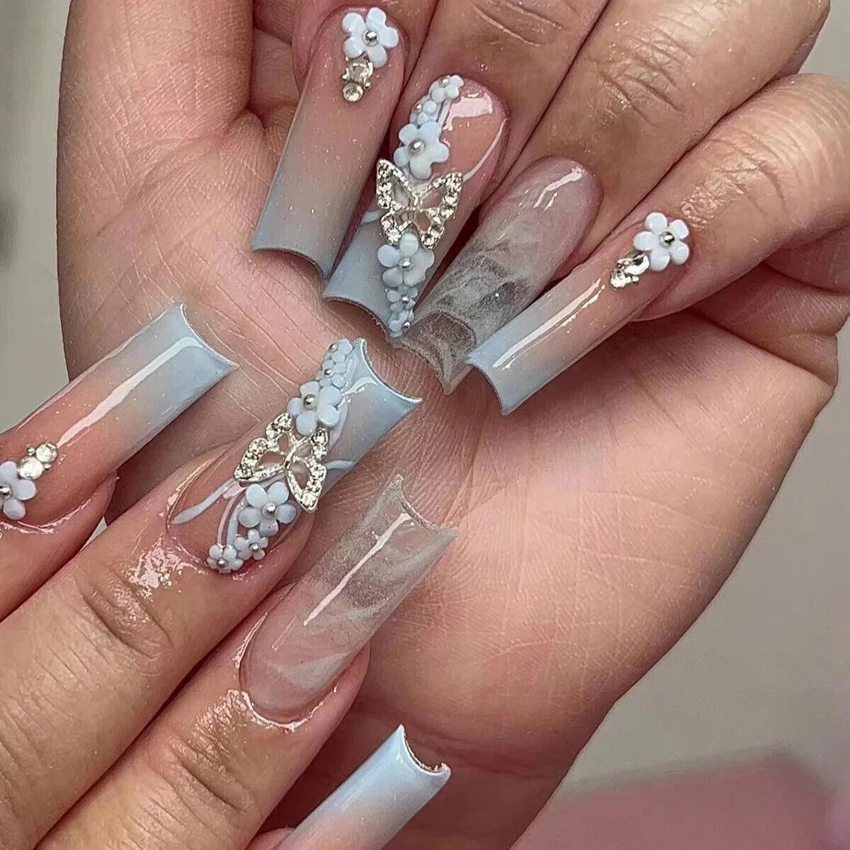 24Pcs Extra Long Square Fake Nail with Glue 3D Little Bear Bow Design False Nail