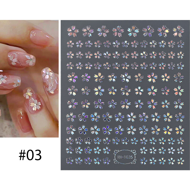 1 Sheet Nail Art Stickers Sakura Gradient Flower 3D Laser Cherry Floral Decals