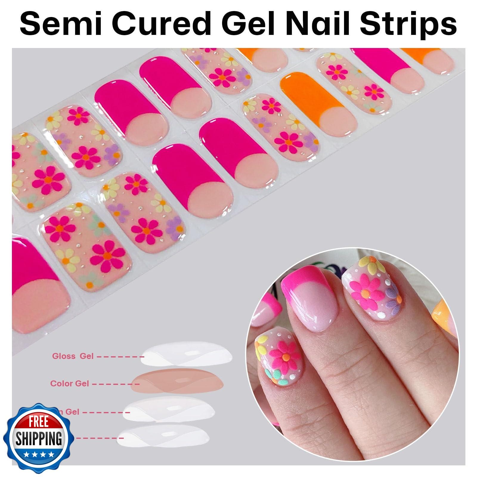 Semi Cured Gel Nail Strips French Tip Nail Stickers with Flower Designs Cute
