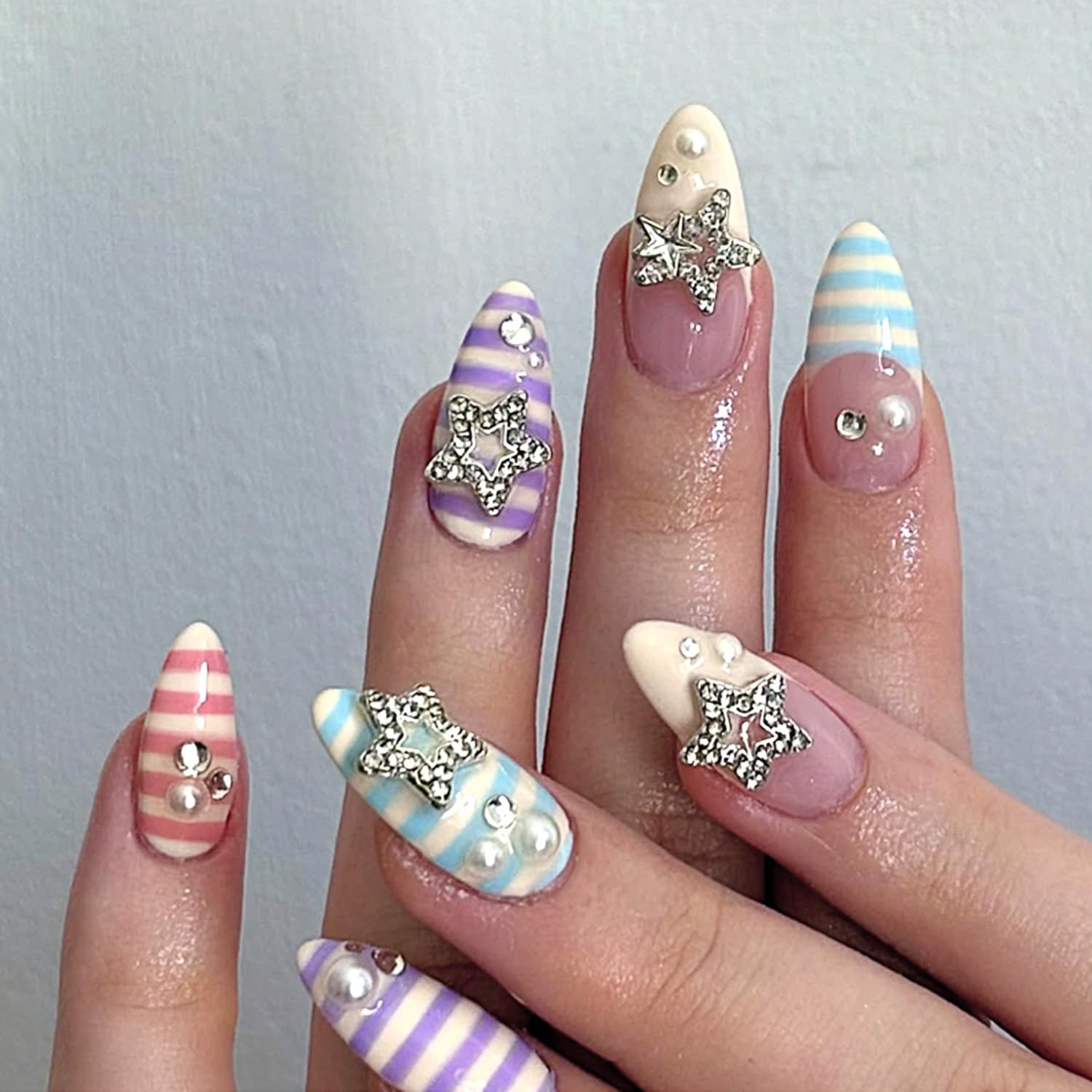 Soft Gel Press on Nails Medium Almond Colorful Stripe Design with 3D Star & Pear