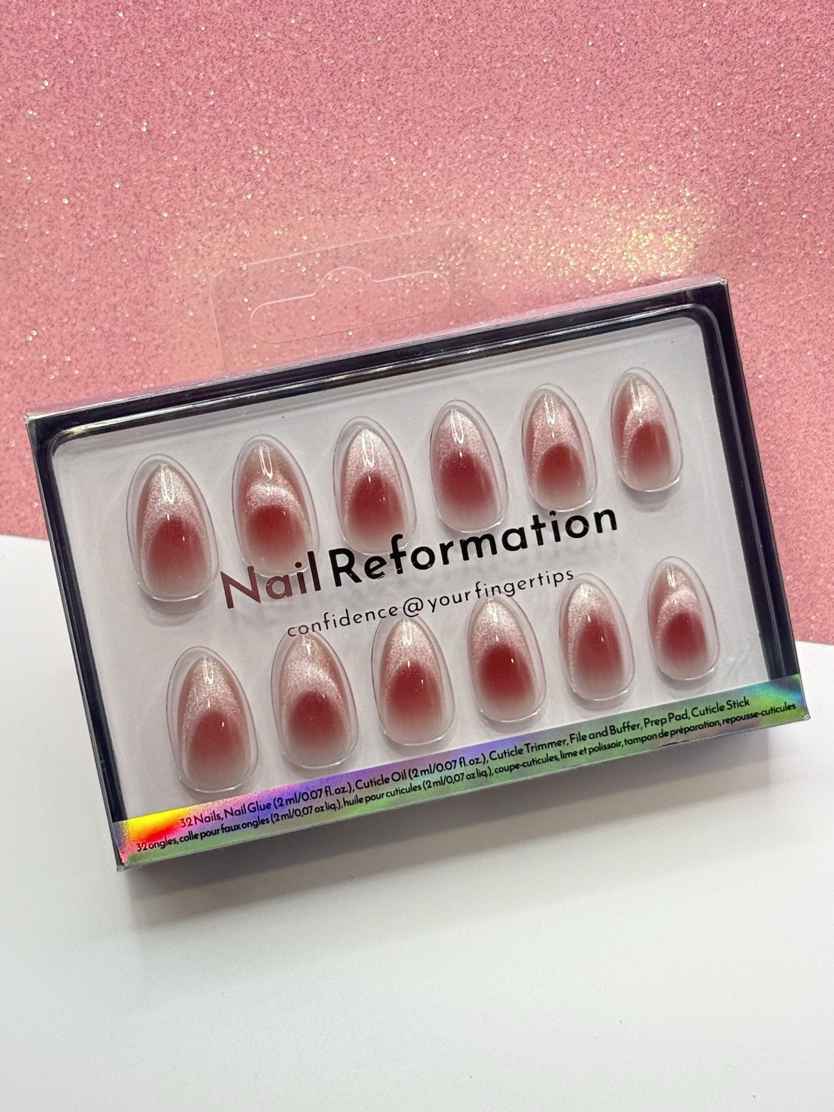 Nail Reformation 32 Press On Nails Almond Rosy Red Aura Cat Eye Shimmer