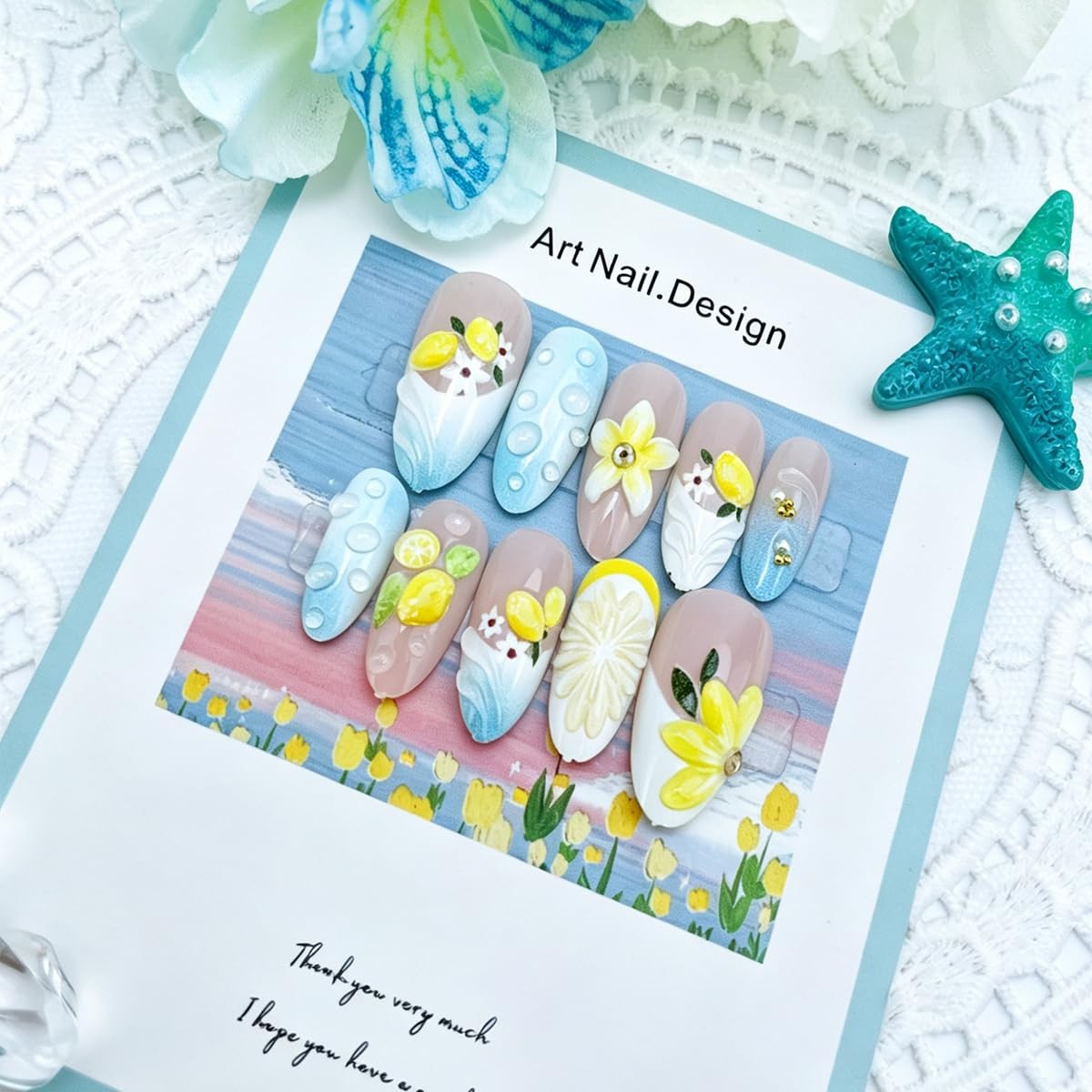 BUNLVDI Lemon Flower Nails Medium Almond 30Pcs