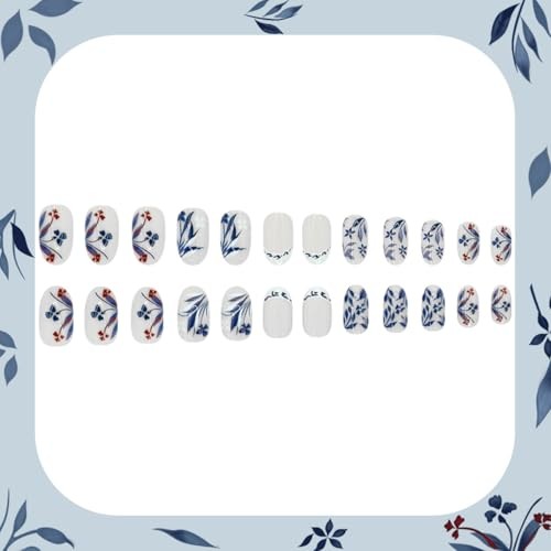 Oval Press on Nails – Blue Porcelain Flower & White French Tip – R-48