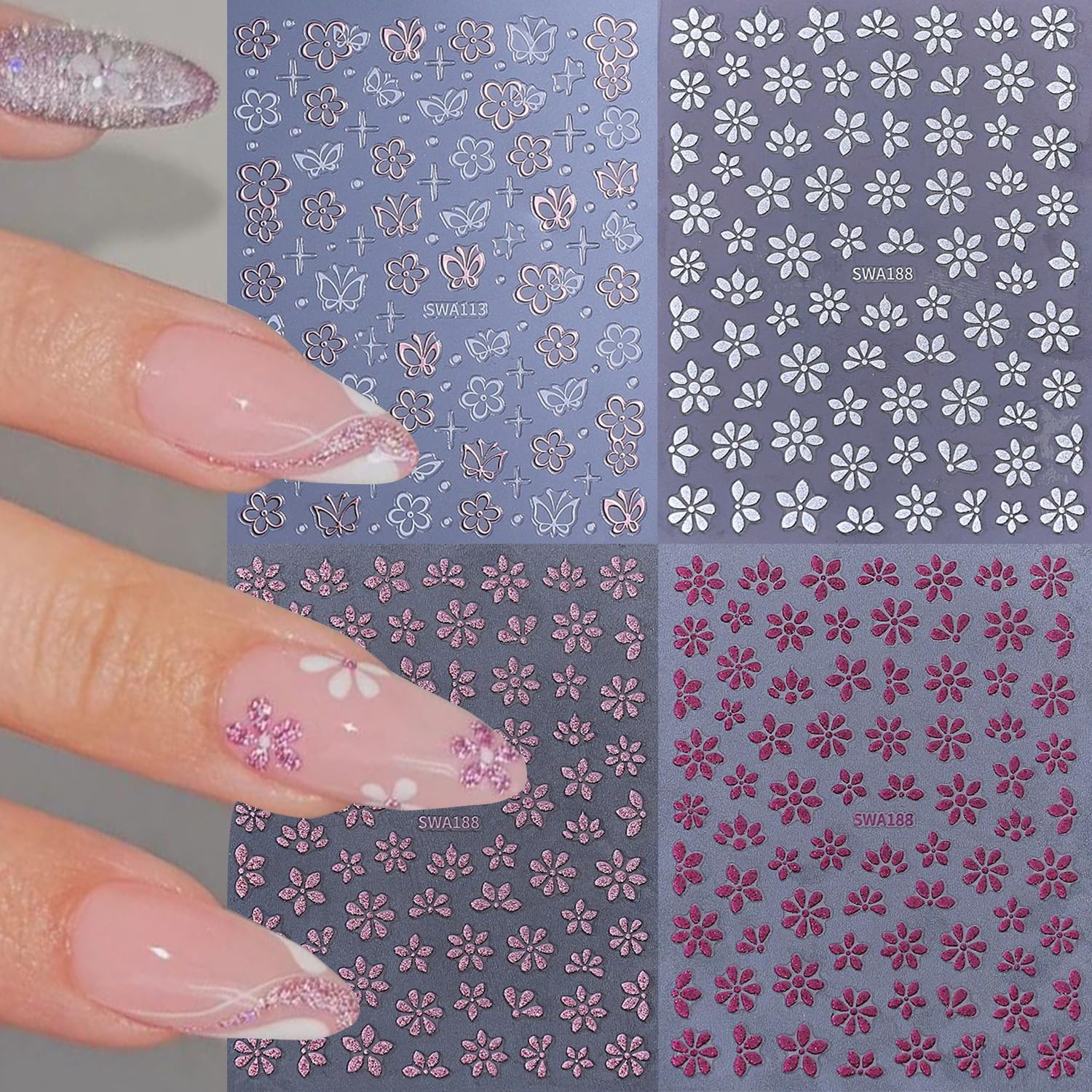 4 Sheets Flower Nail Stickers Spring Summer Floral Nail Decals 3D -Adhesive B…