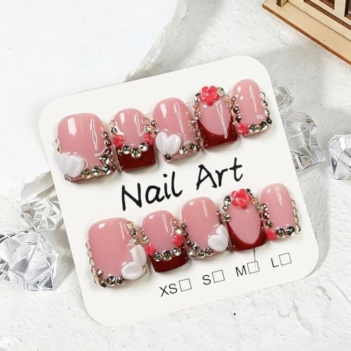 10 Pcs Handmade Press on Nails Short Square Fake Nails with 3D Handmade ss01