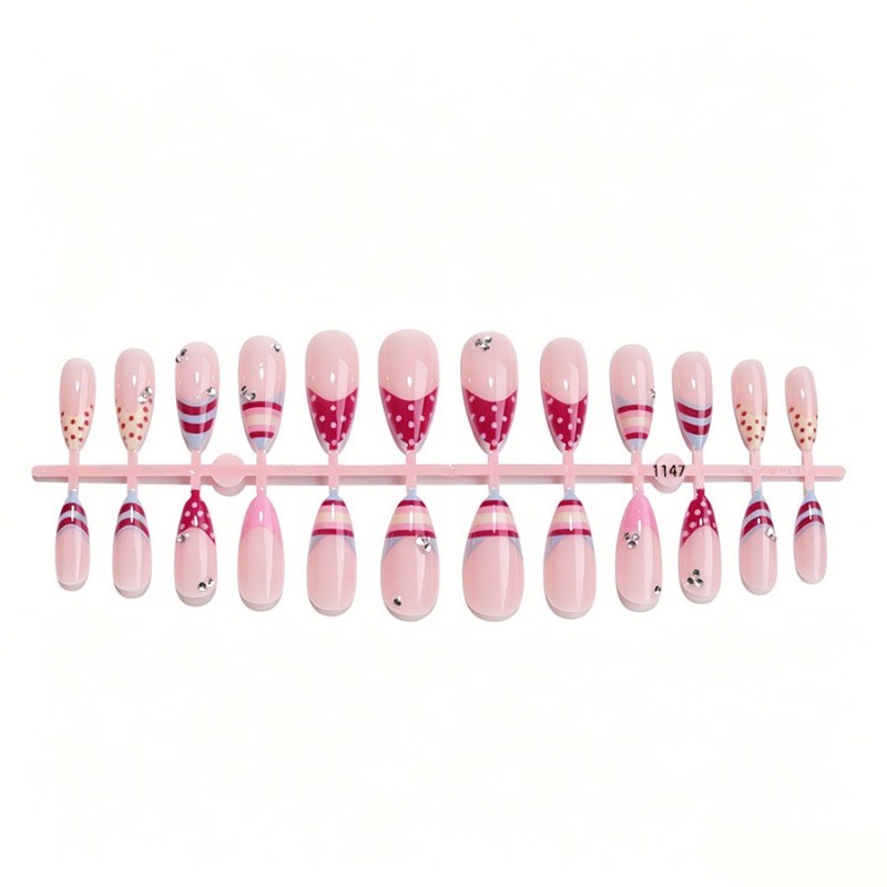72pcs-Pink Press on Nails Almond French Tip Polka Dot Stripes Rhinestone Accents