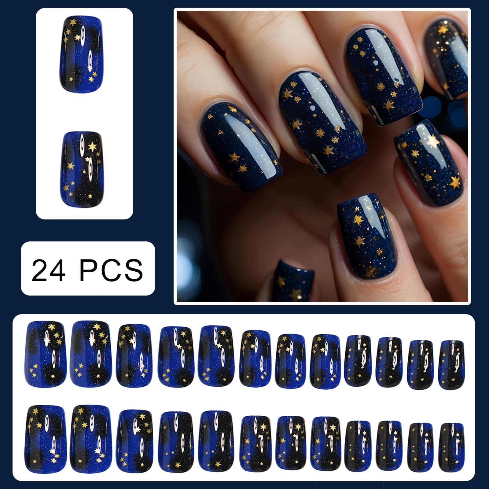 Blue Sky Press on Nails Medium Square fake Nails Golden Gradient Starry False…