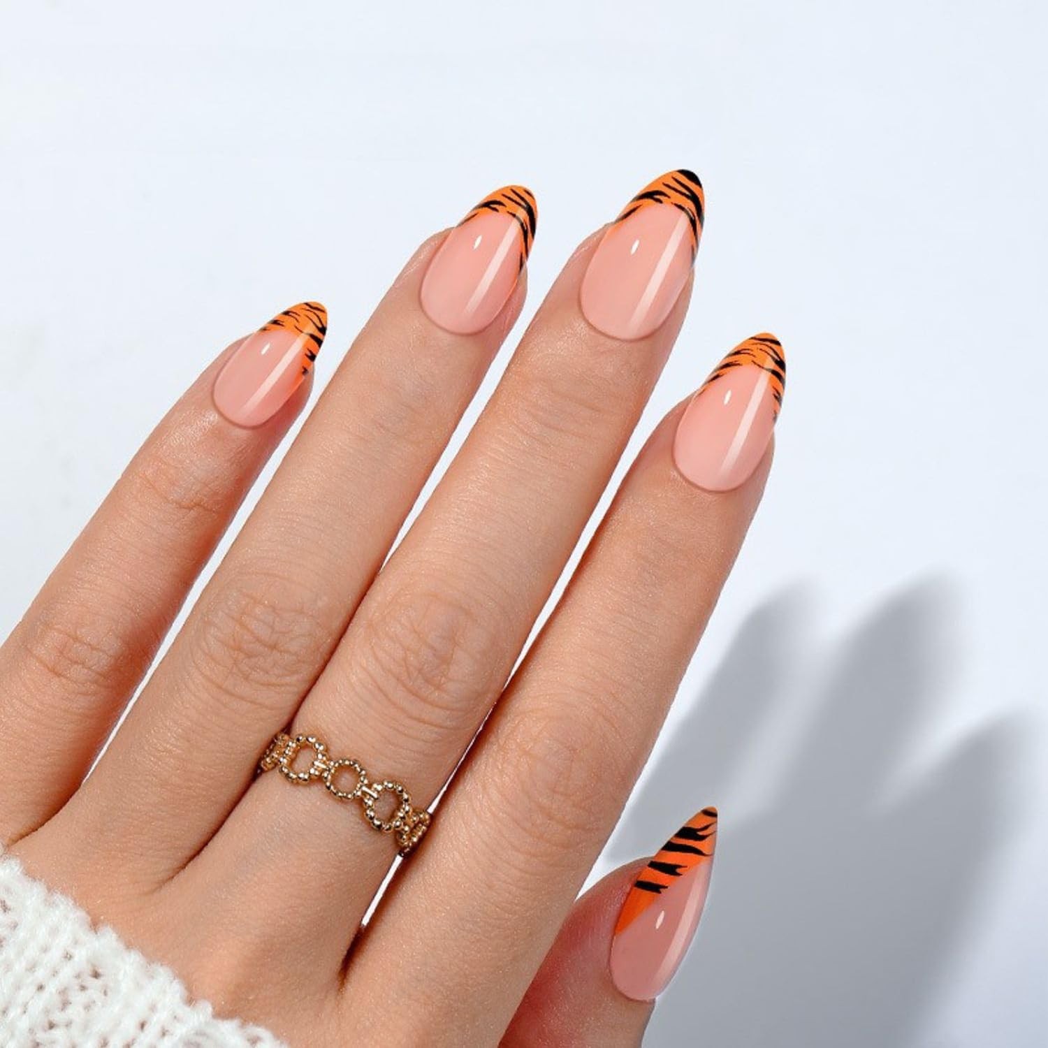 French Tip Press on Nails Short Almond Fake Nails with Orange French Tip Leop…