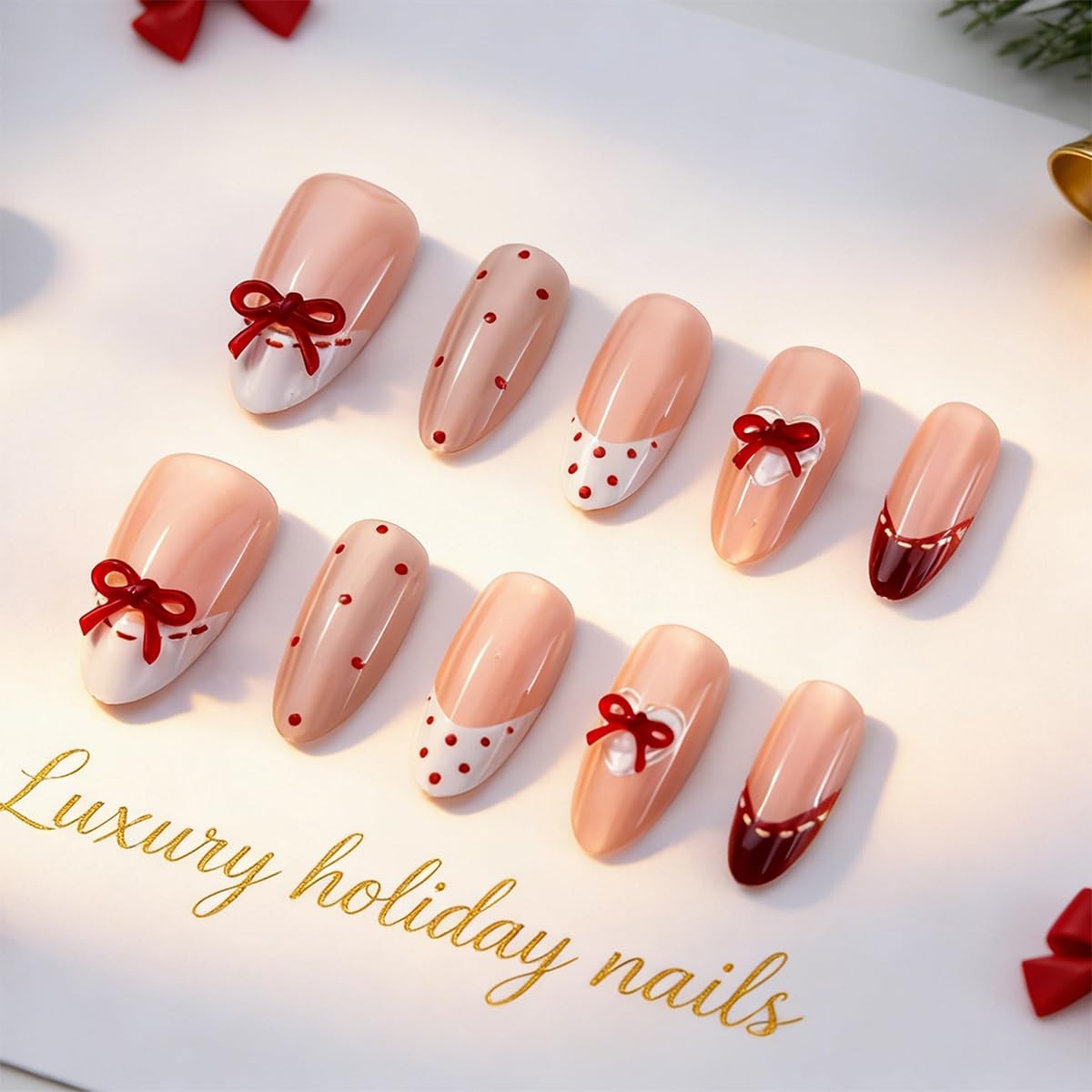 French Tip Press on Nails Medium Almond Cute Red Bow Fake Nails with Polka Do…