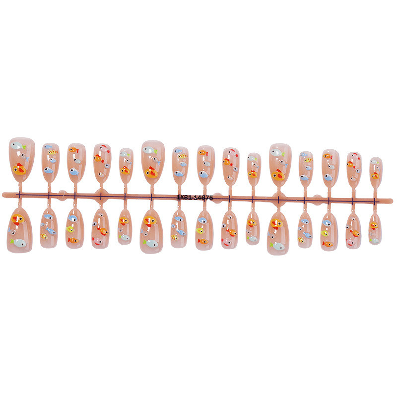 30Pcs-Medium Almond Nude Cute Summer 3D Goldfish Mini Rhinestone Press on Nails