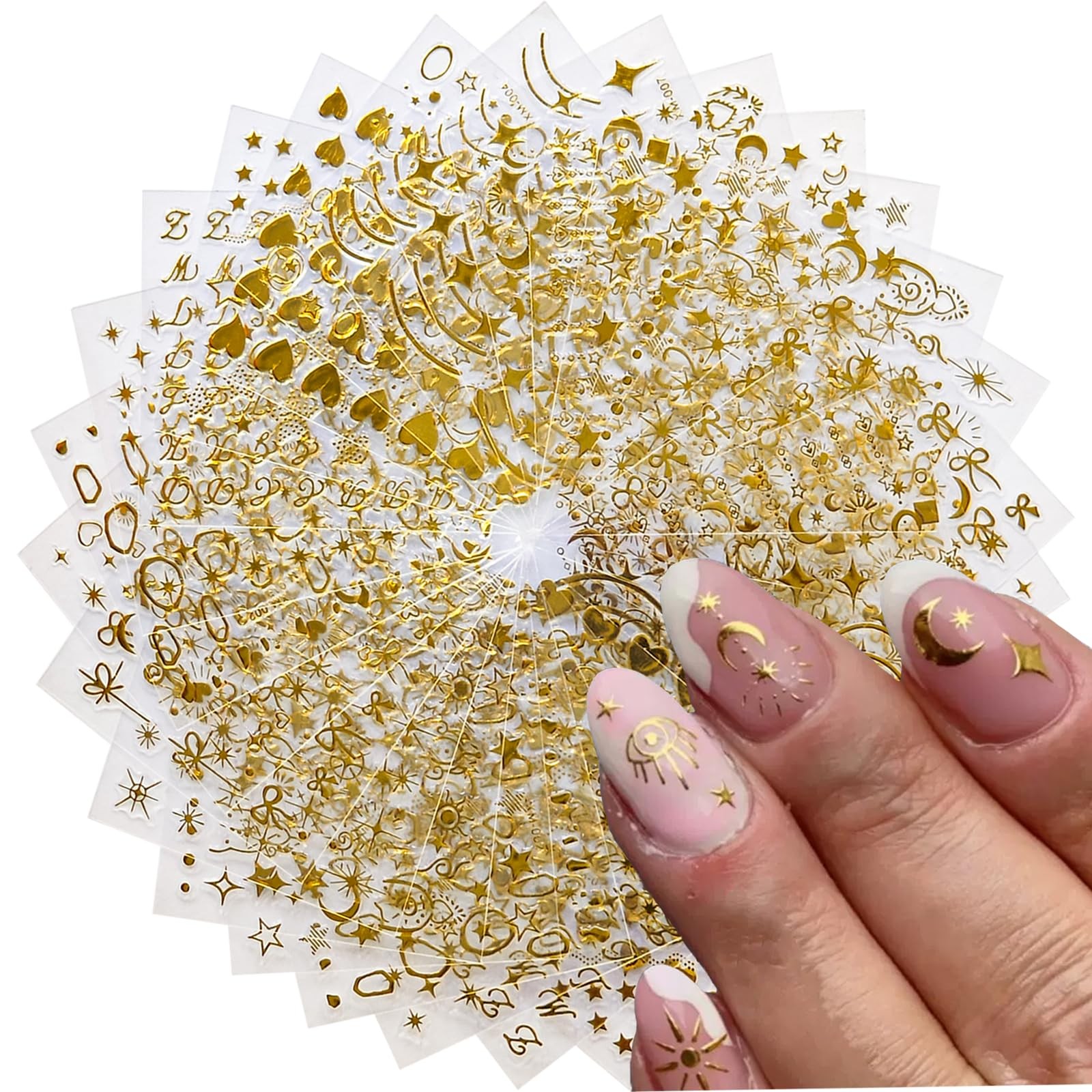 30 Sheets Gold Star Nail Art Stickers 3D Adhesive Moon Star Nail Decals Heart…