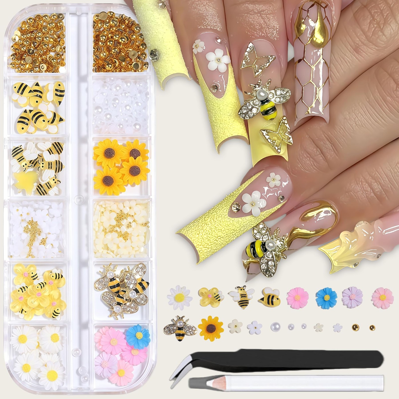 12 Grids Tiny Bee Nail Charms Resin Daisy Flower Nail Rhinestones 3D Gold All…