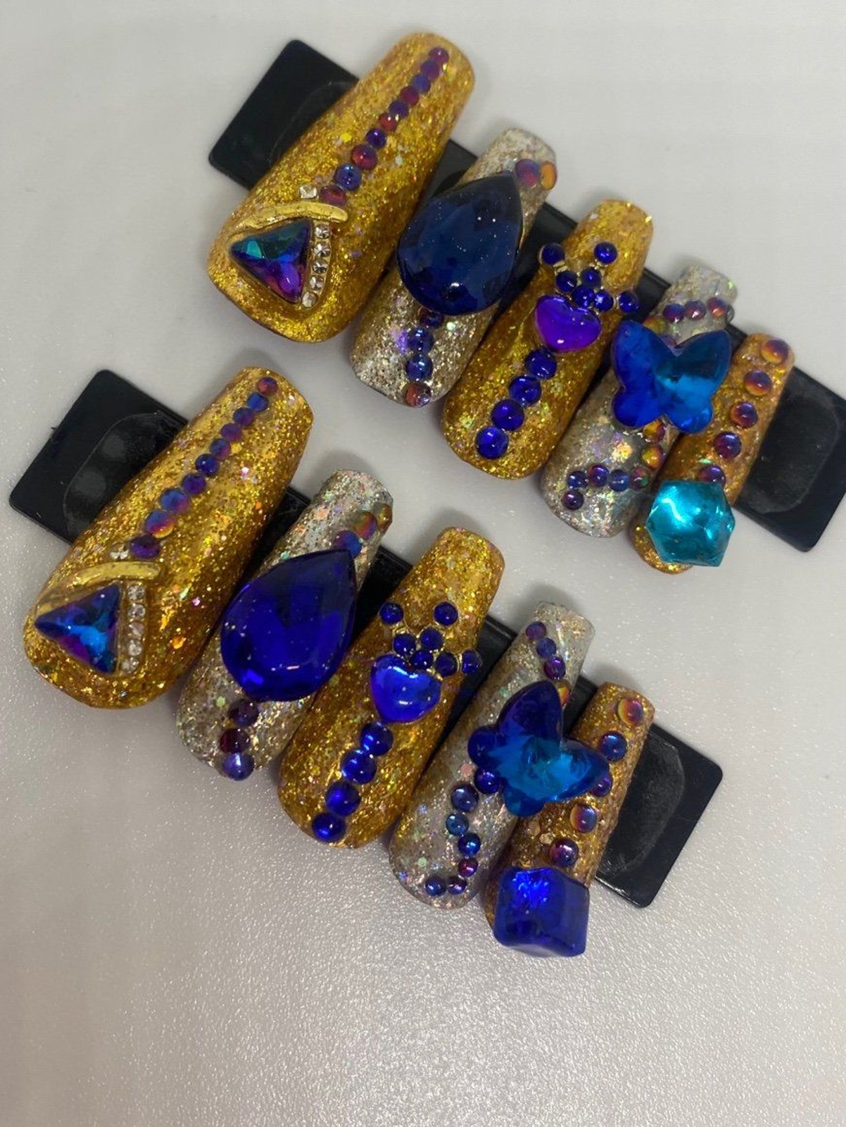 Silver and Gold Foils with Blue Jewels Handmade Press On Nail Set