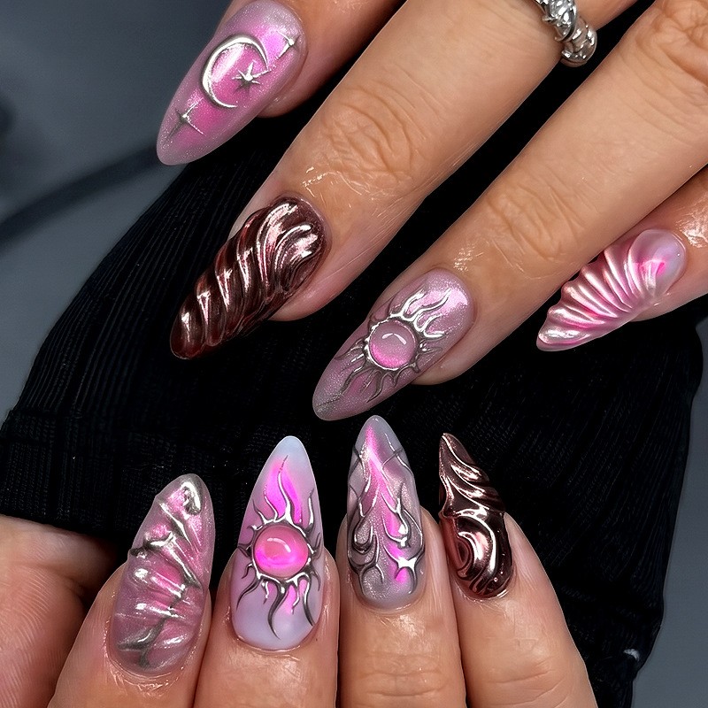 60Pcs Moon Sun Flame Metallic Almond Press on Nails,Y2K Glossy Trendy Fake Nails