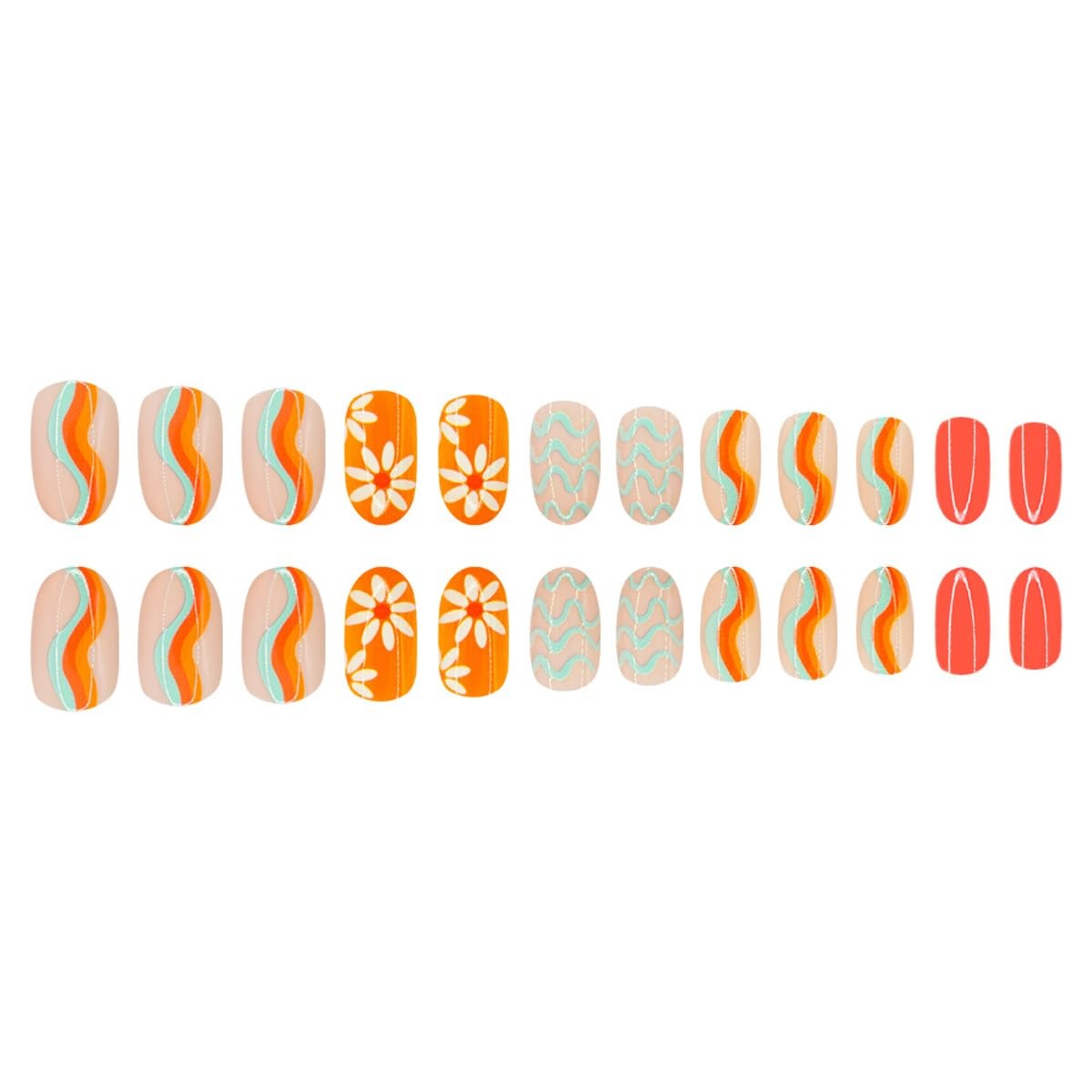 UZJXQ Style-6 Short Oval Orange Wave Flower Nails