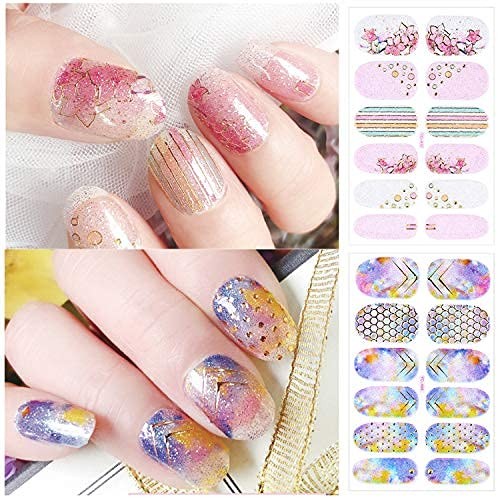 14 Sheets Full Wrap Gradient Nail Polish Stickers Self-Adhesive Bright Style