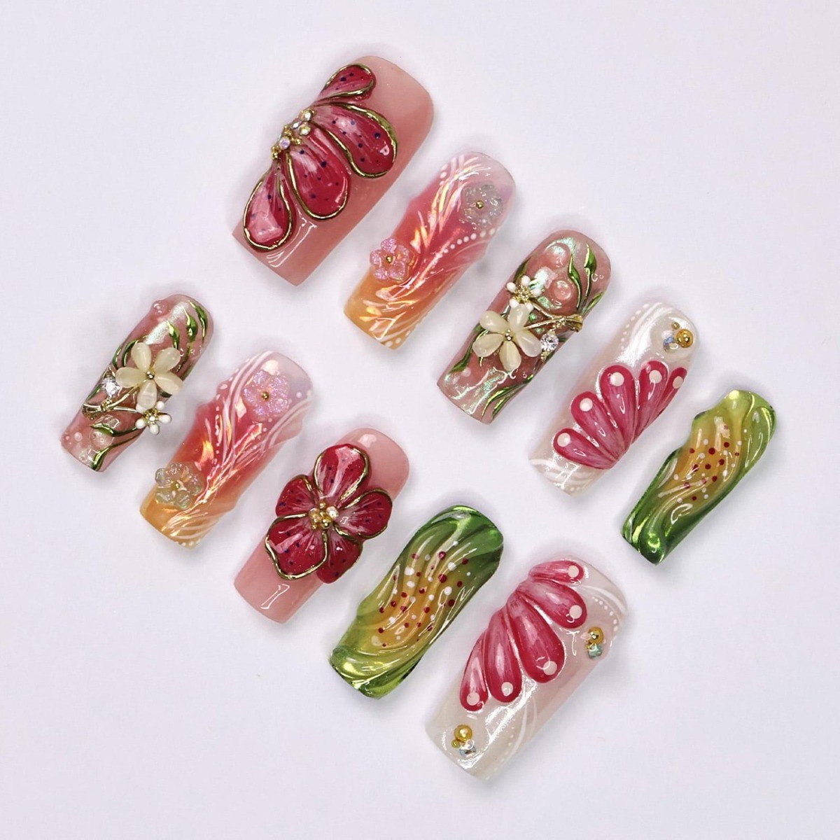 Pink Green Floral Handmade Press on Nails Gold Wire Swirl Rhinestone Fake Nails