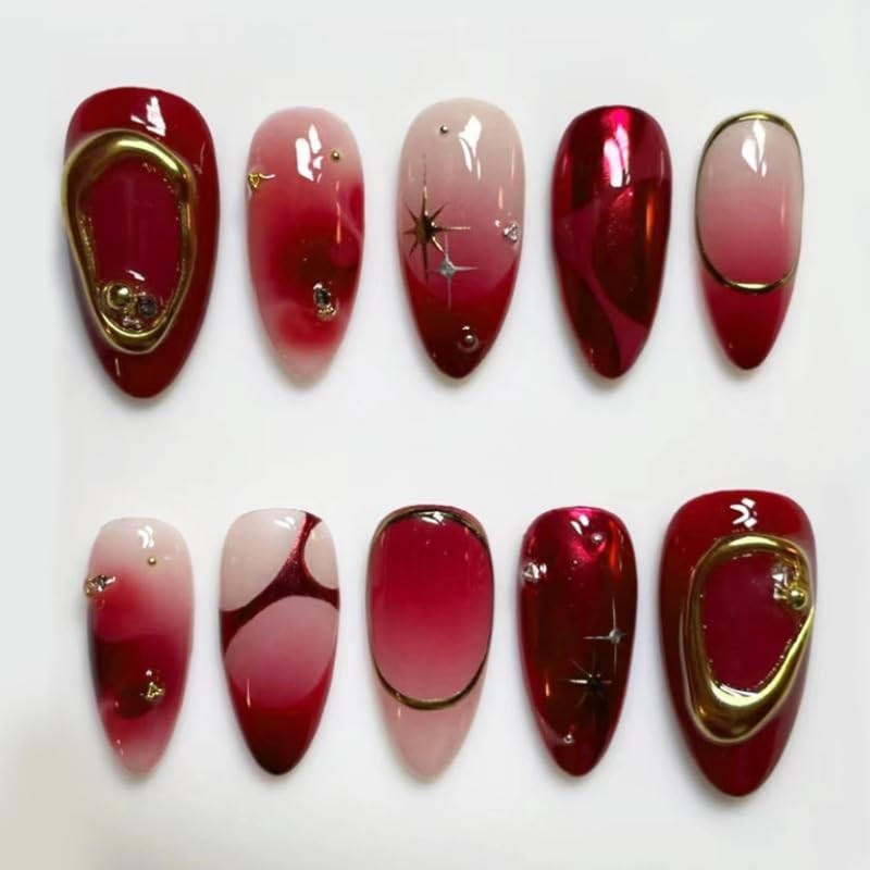 24Pcs 4th of July Press on Nails Medium Almond Full Cover Acrylic Glue On