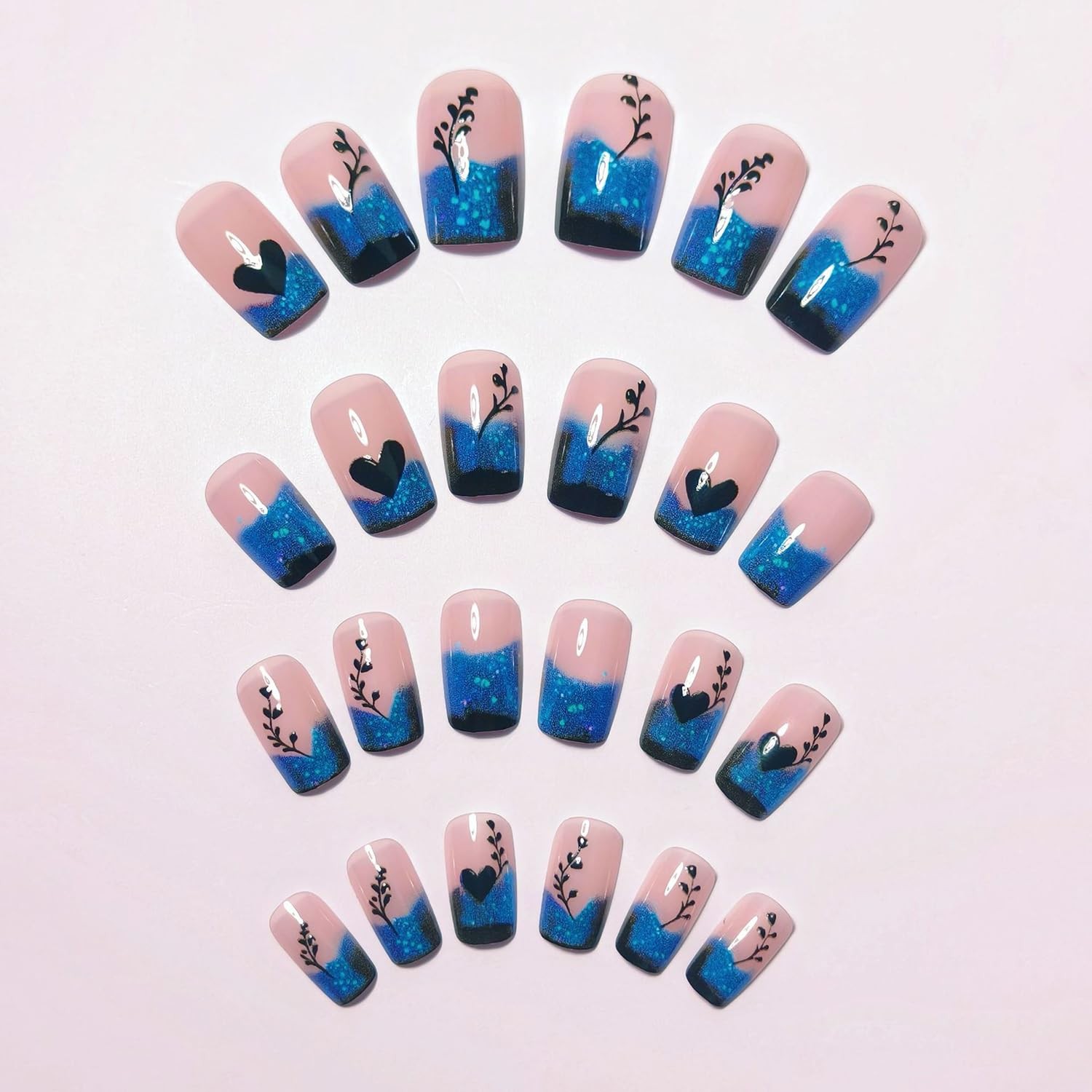 24 Pcs Blue Gradient French Tip Press on Nails Short Square Shaped False Q11