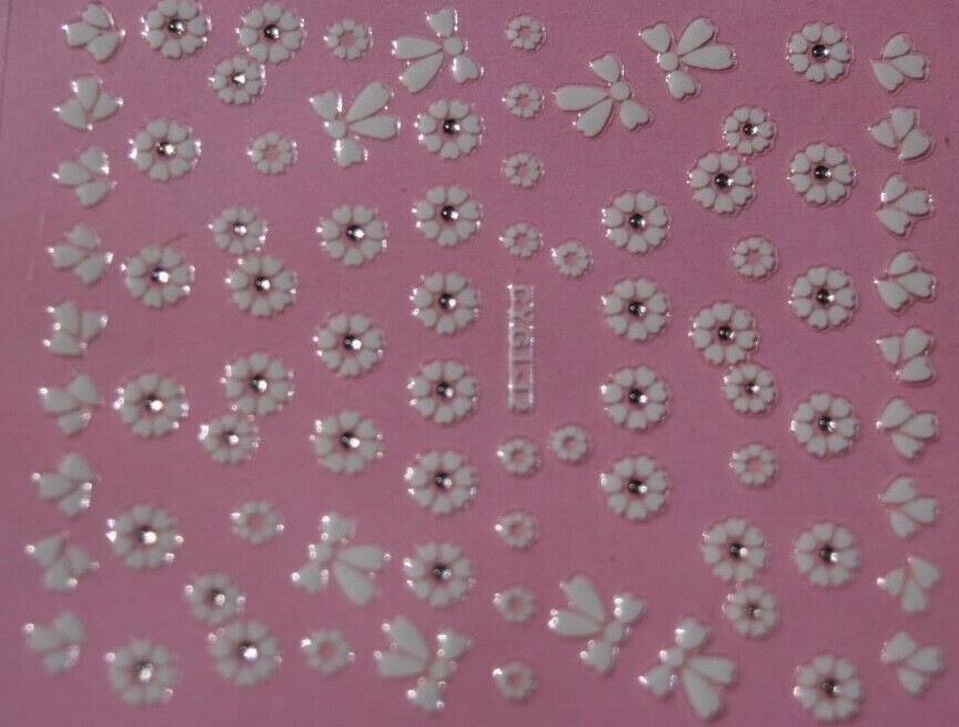 3D Nail Stickers Beautiful White Flowers with Crystals (price is for 2 pcs)