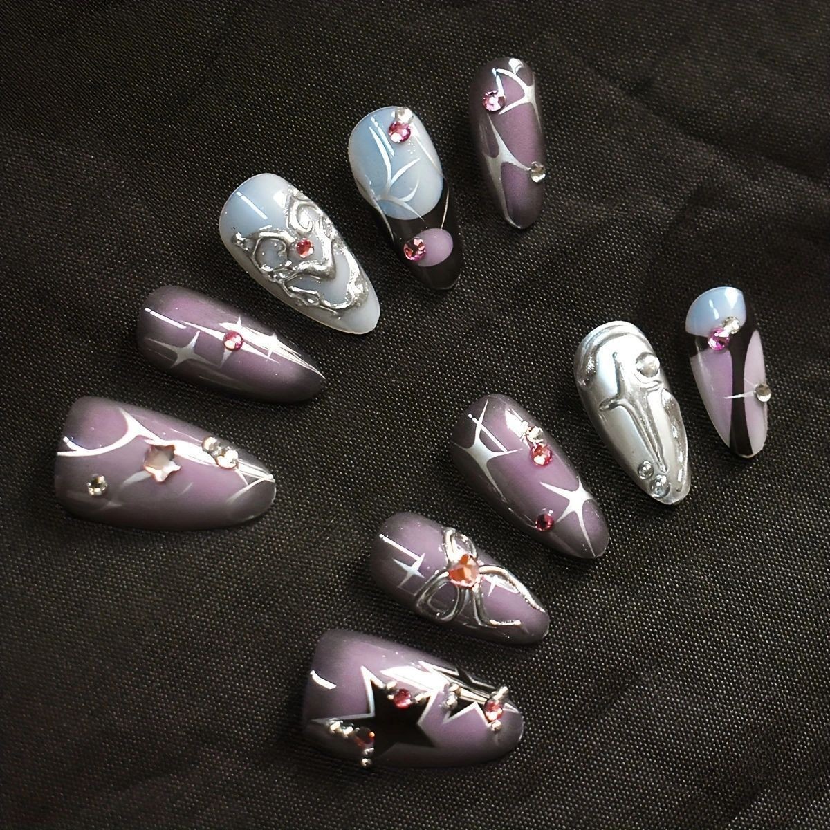 10pcs Handmade Star Bow Rhinestone Short Almond Press On Nails