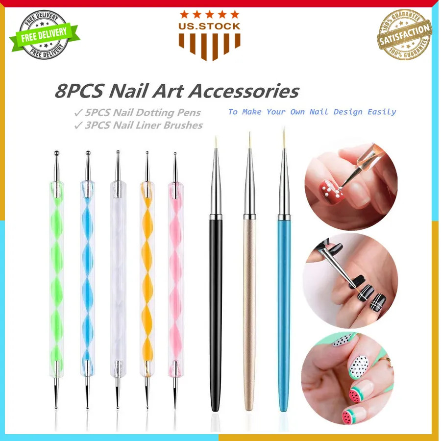 8 Pcs Nail Art Tool Set Dotting Pens and Painting Brushes for Manicure Design