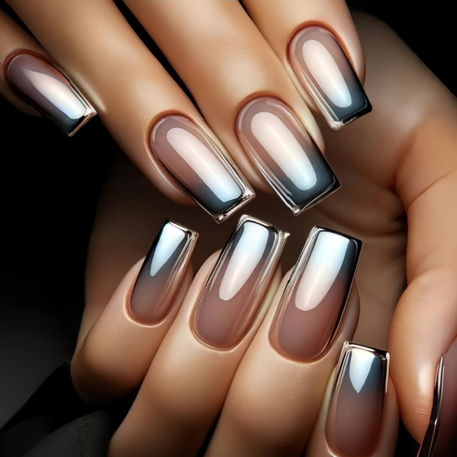Blue Ombre Press on Nails Medium Square Fake Chrome Medium, Style 13