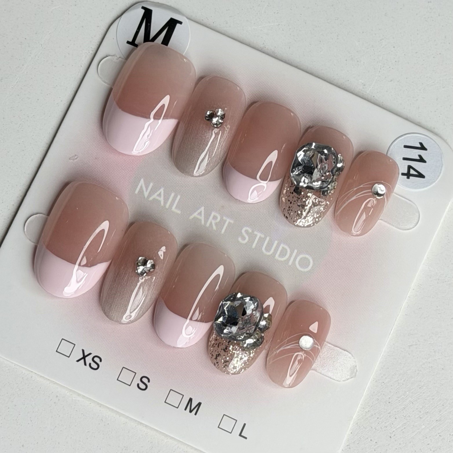Handmade French Tip Nude Rhinestone Press-On Nails Short Oval Reusable Fake Nail