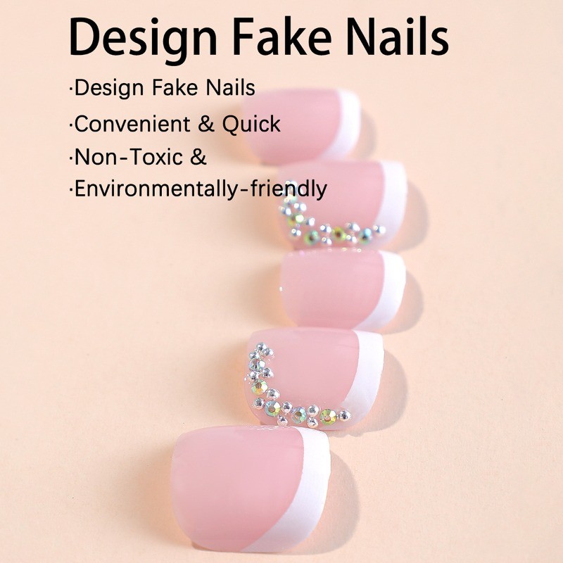 48Pcs-Nude White French Rhinestone Short Square Press on Toe Nail Set