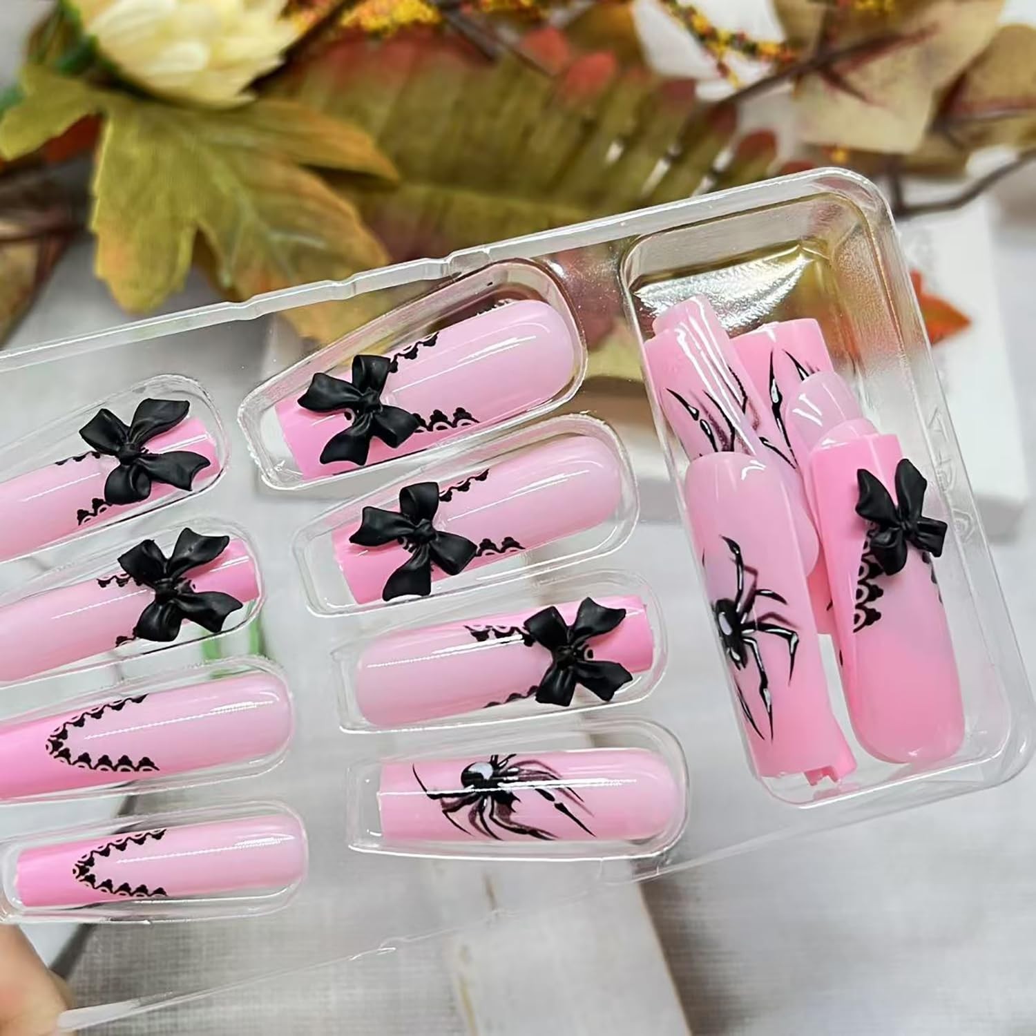 Halloween Pink French Tip Press on Nails Long Square Shaped Fake Nails Spider…