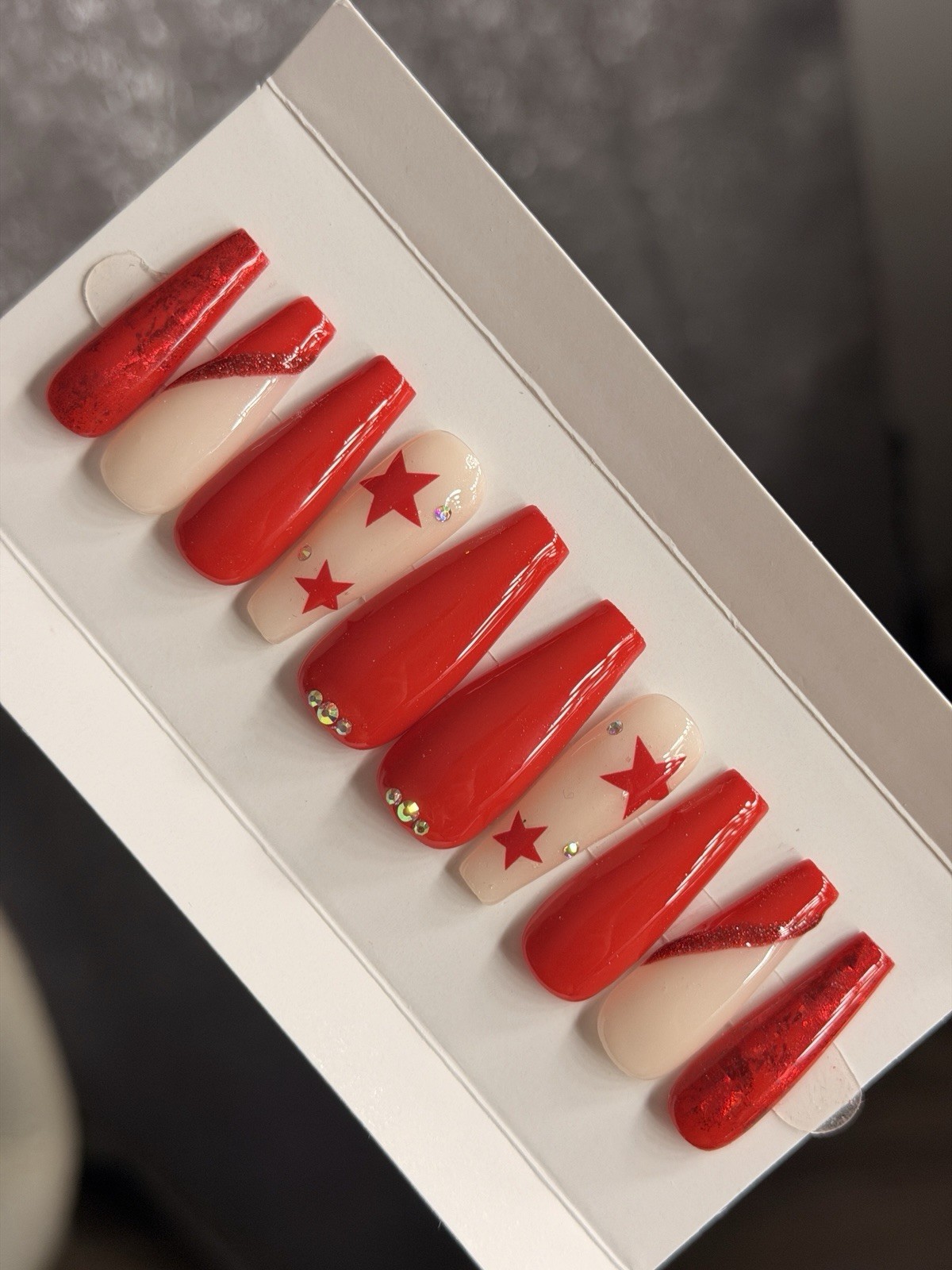✨ CUSTOM Press On Nails RED STAR BLING 10p SET W Kit