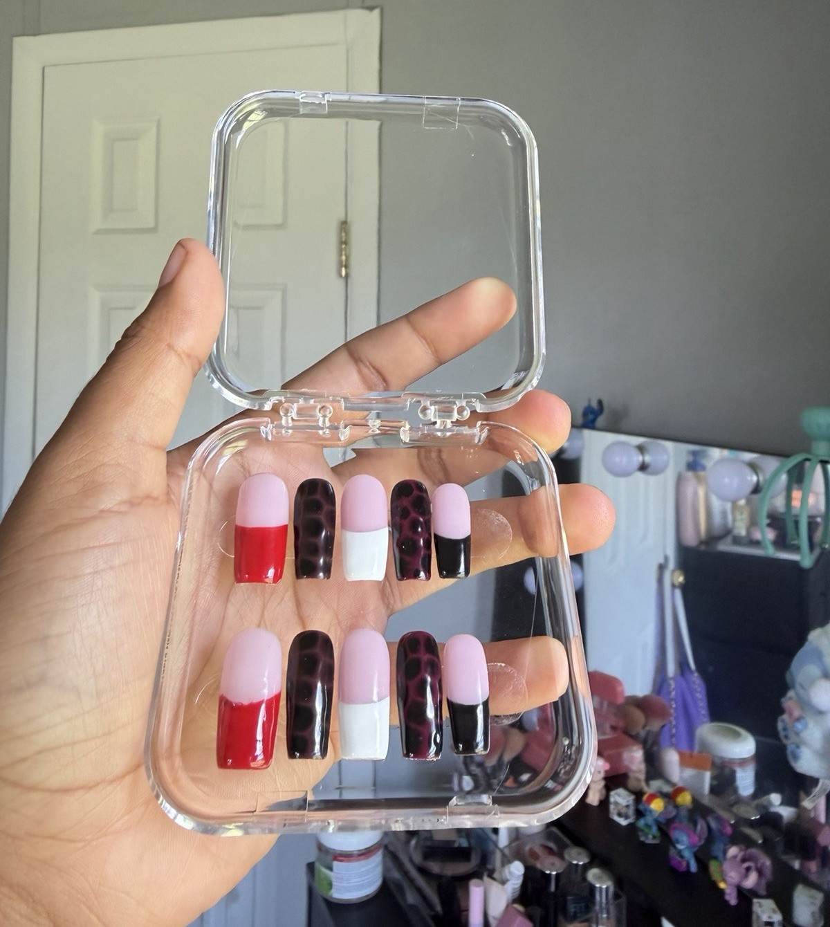 Red Black Pink French Leopard Pre-Designed Square Short Press-On Nails Set