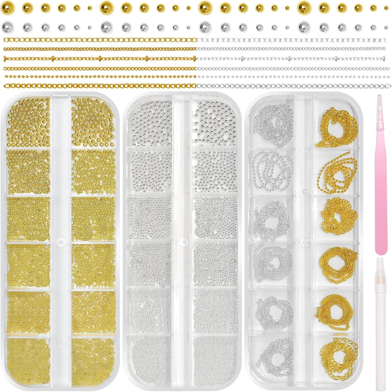 3 Boxes Caviar Metal Nail Beads, Gold Silver Nail Chains, Caviar Nail Beads | Mi