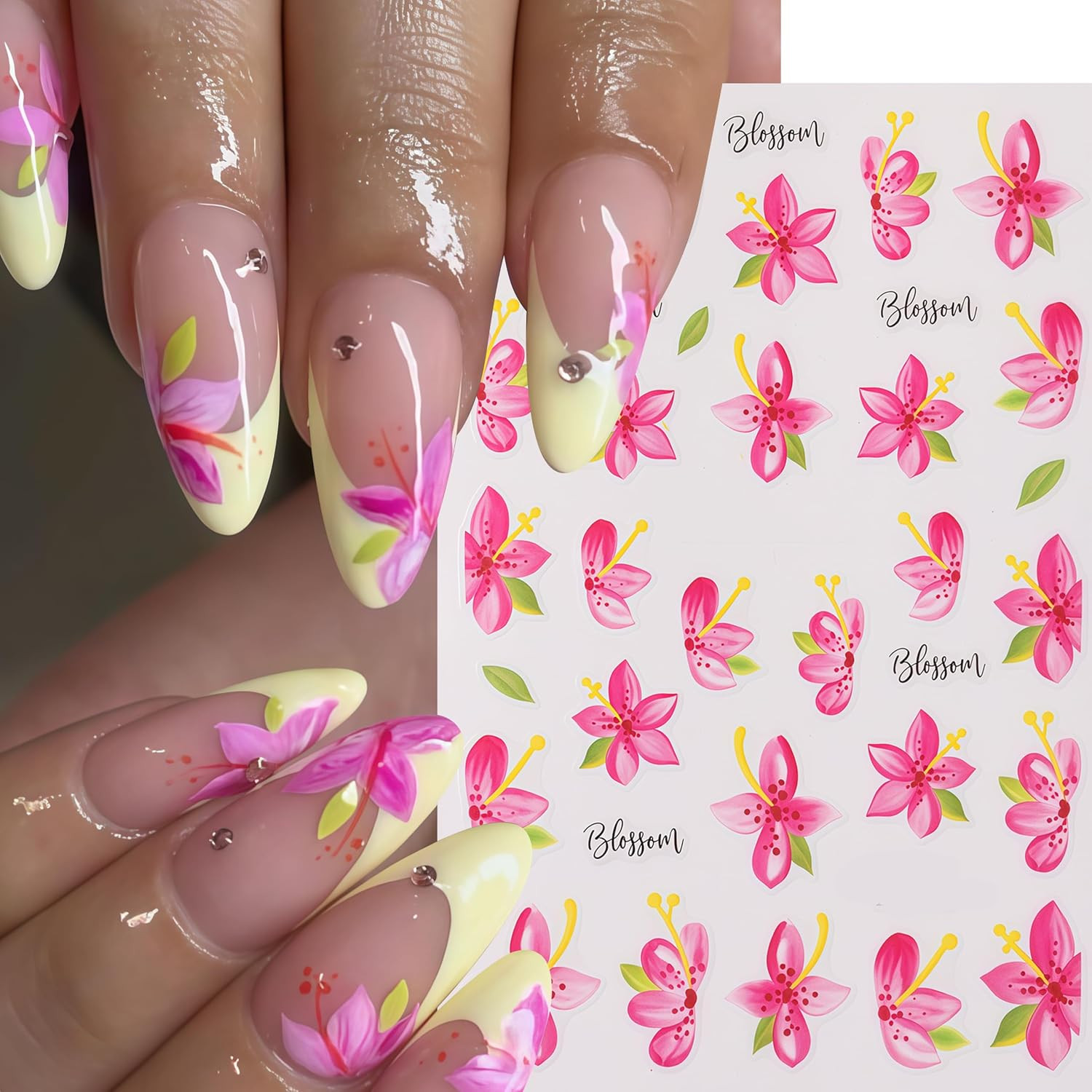 6 Sheets Flower Nail Art Stickers 3D Self-Adhesive Colorful Hawaiian Flowers Nai