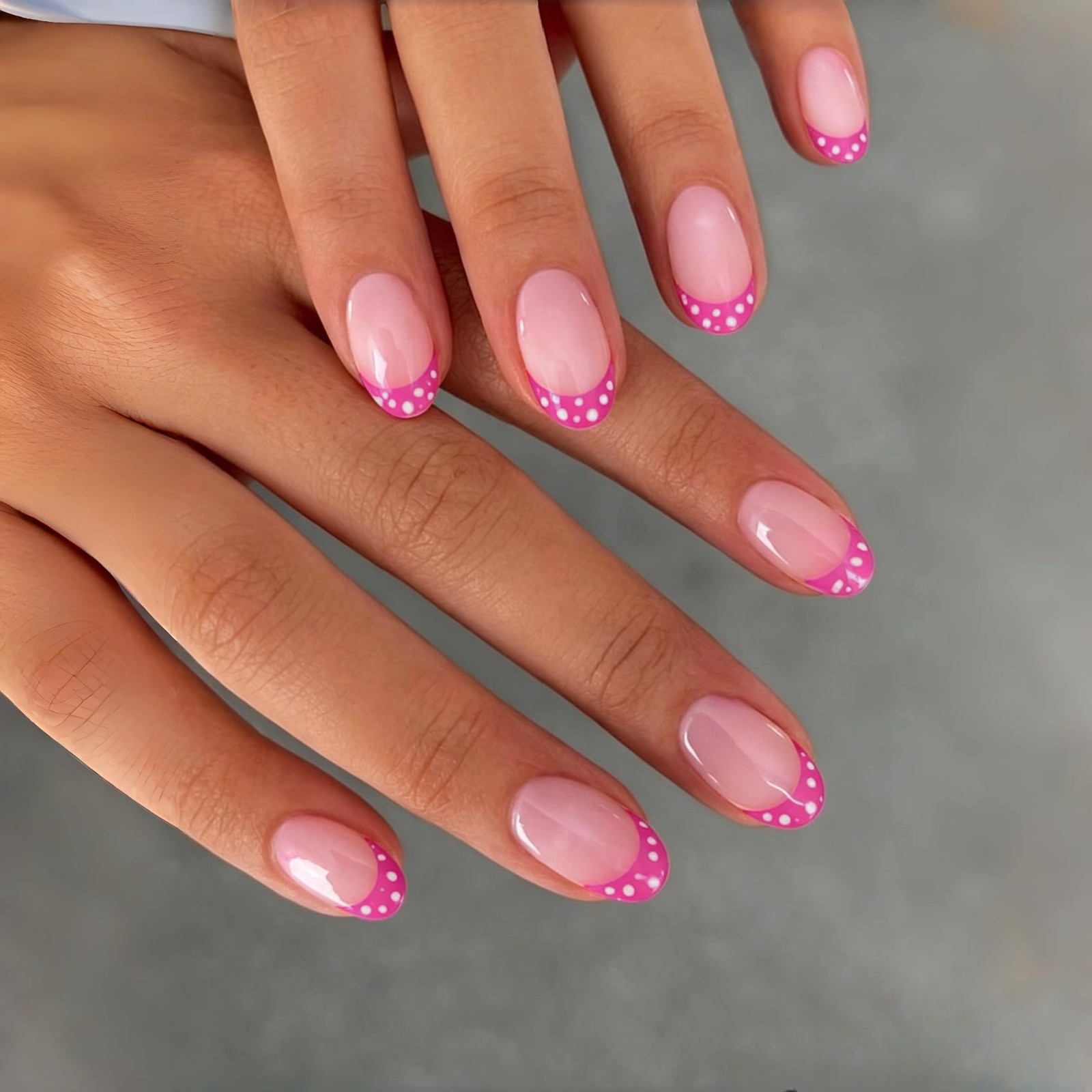 Hot Pink French Tip Press On Nails Short Oval, Polka Dot Press On Nails Almon…