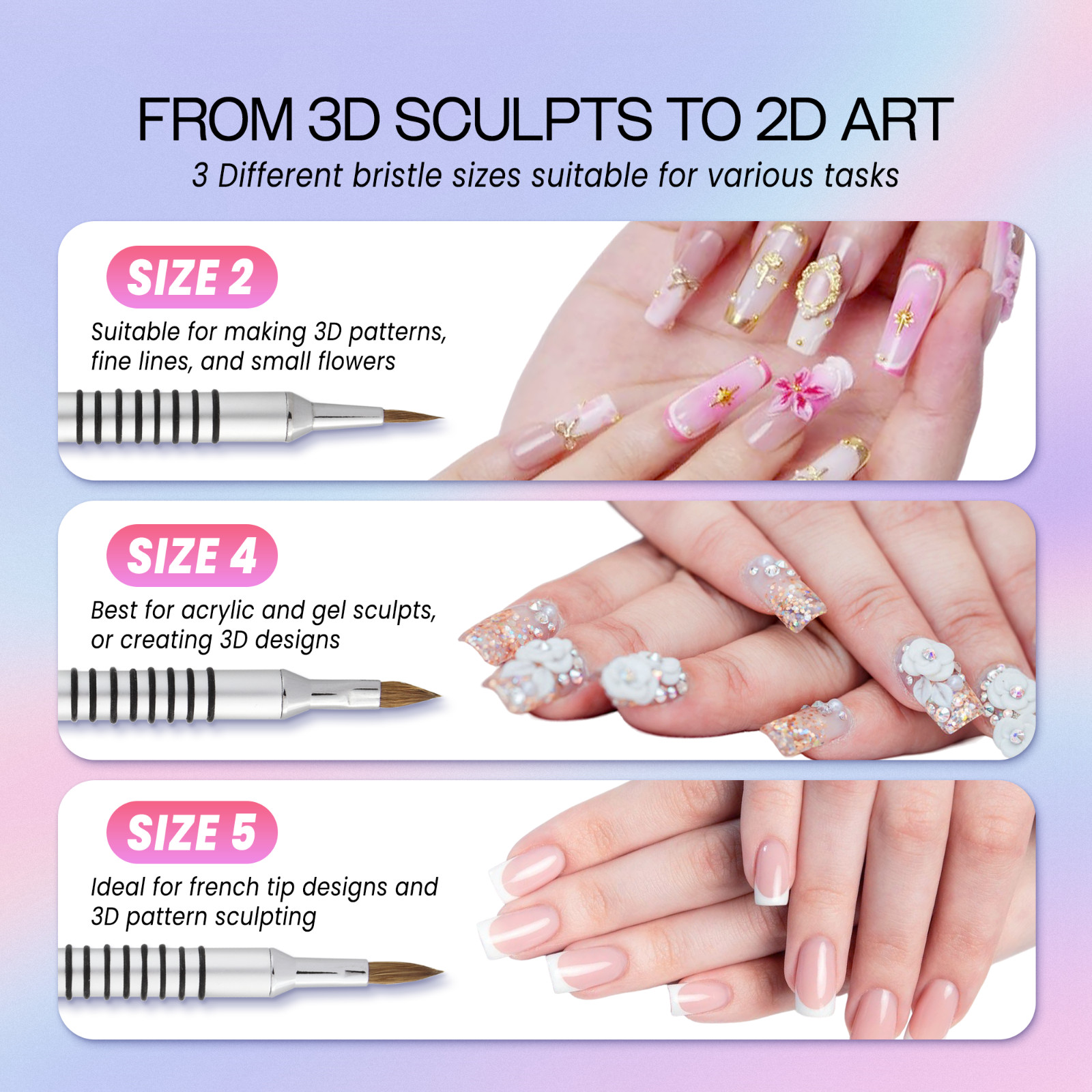 PANA USA 3D Kolinsky Nail Art Sculpture Brush Silver Metal with Non-Slip Handle