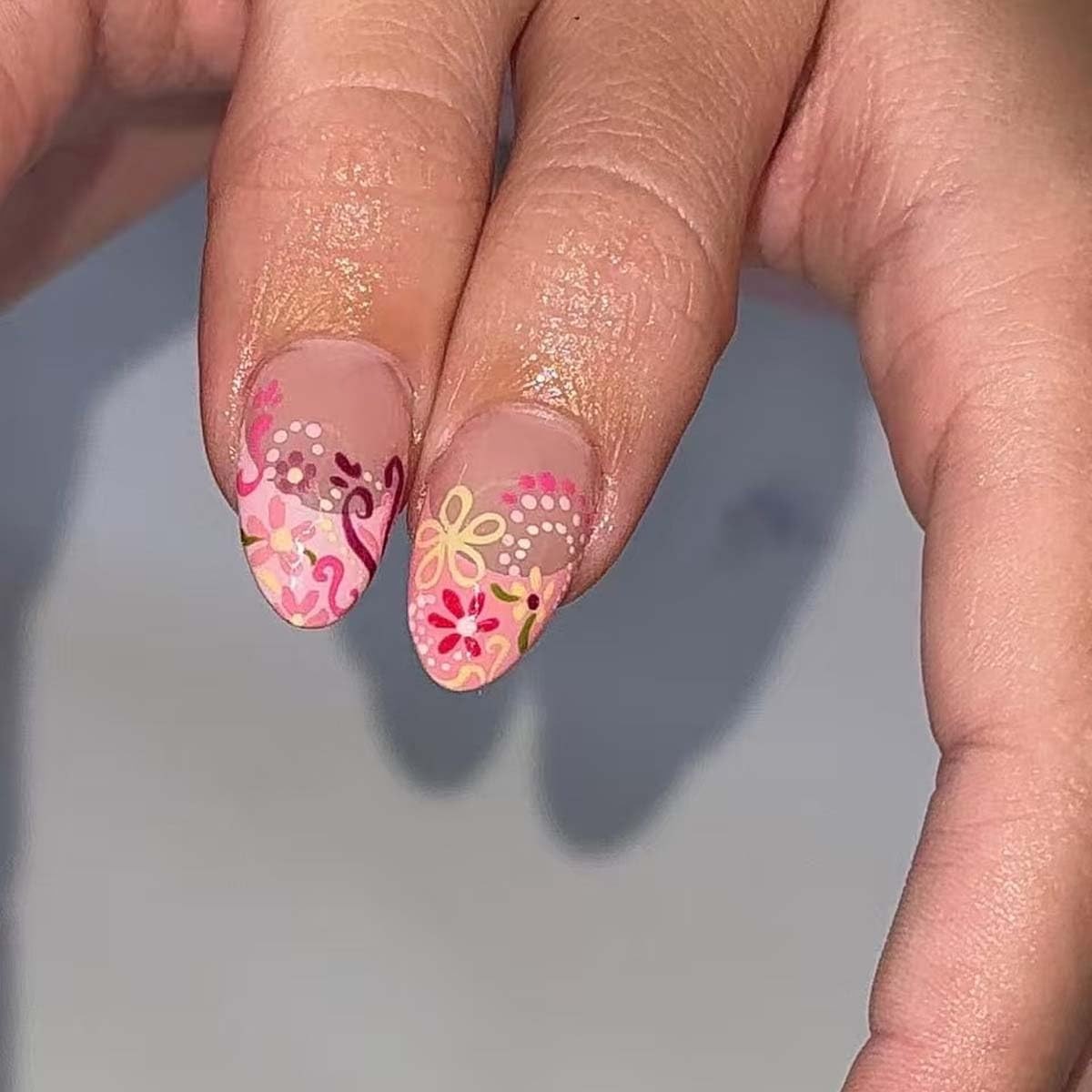 24Pcs French Tip Press on Nails Medium Almond Floral Fake Nails Colorful Flow…