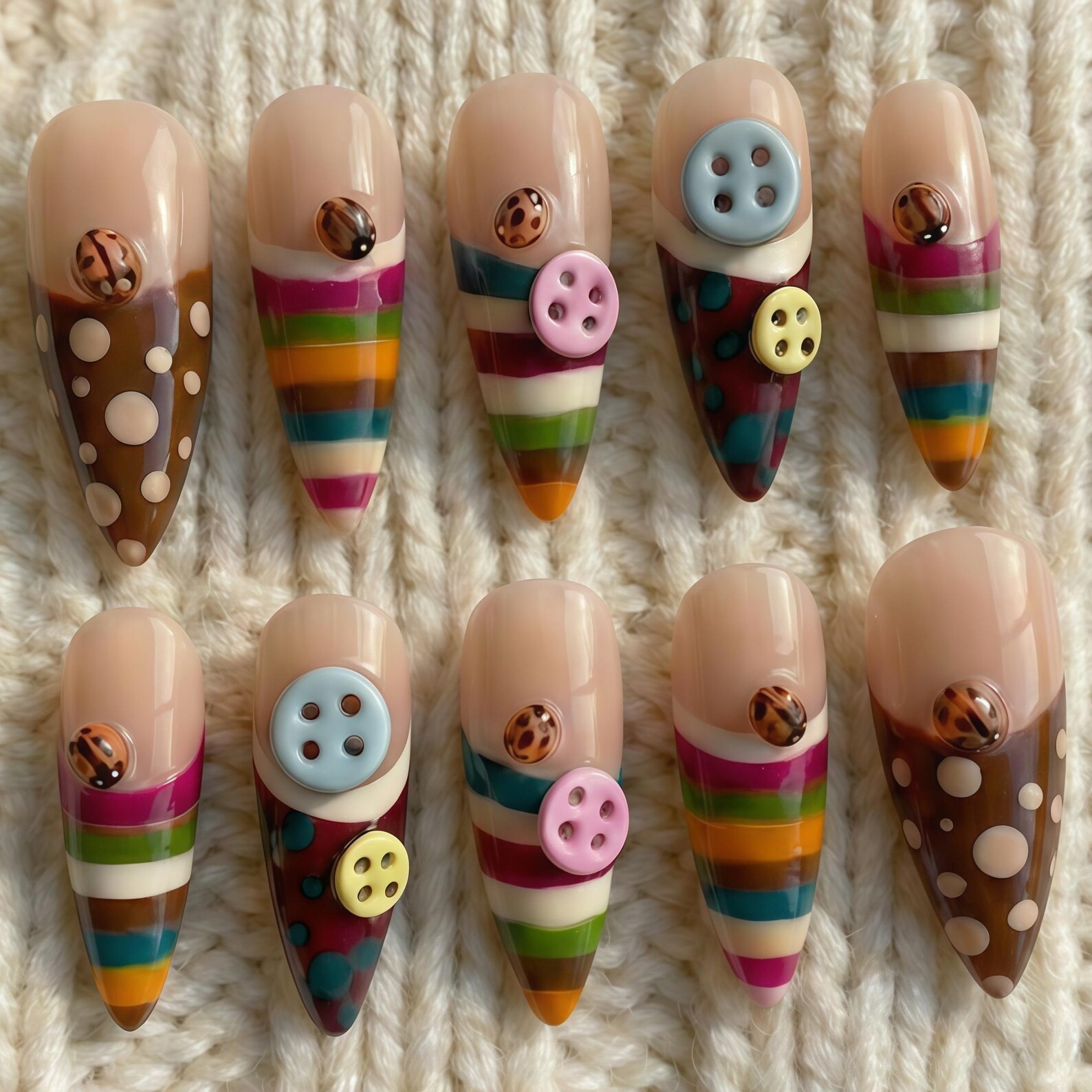 Handmade Retro Rainbow Stripe Polka Dot Colorful Button Almond Press on Nails