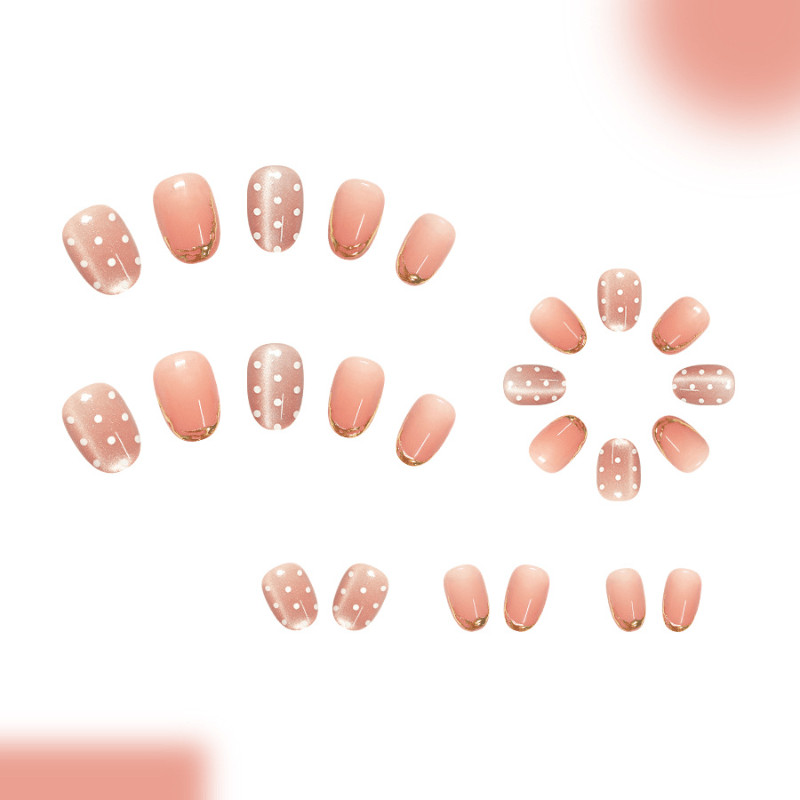 48Pcs-Short Almond Nude Pink Gold Trim White Polka Dot Elegant Press on Nails