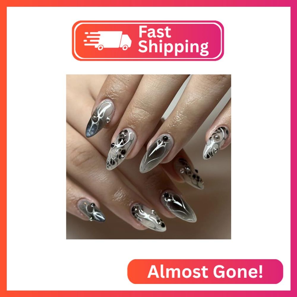 24Pcs Almond Press on Nails Medium Fake Nails Silver Heart 3D Rhinestones Design