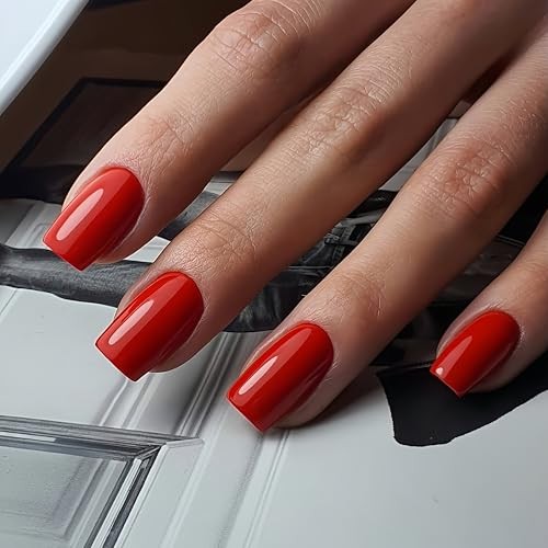 Red Nails Press ons, Press on Nails Medium Square Glue on Nails glossy red