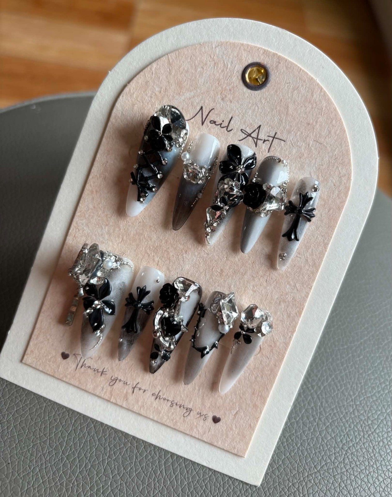 Luxury Press on nails , Edgy black rose , Long pointed shape, custom size